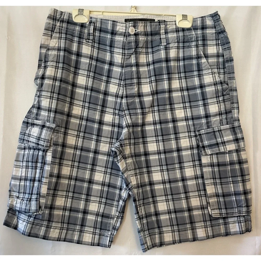 Old Navy cargo shorts men's 36x11 blue plaid HEAVY cotton‎ outdoor WAIST IS 38